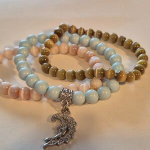 Blue and Pink Beaded Bracelet with Silver Bird Charm